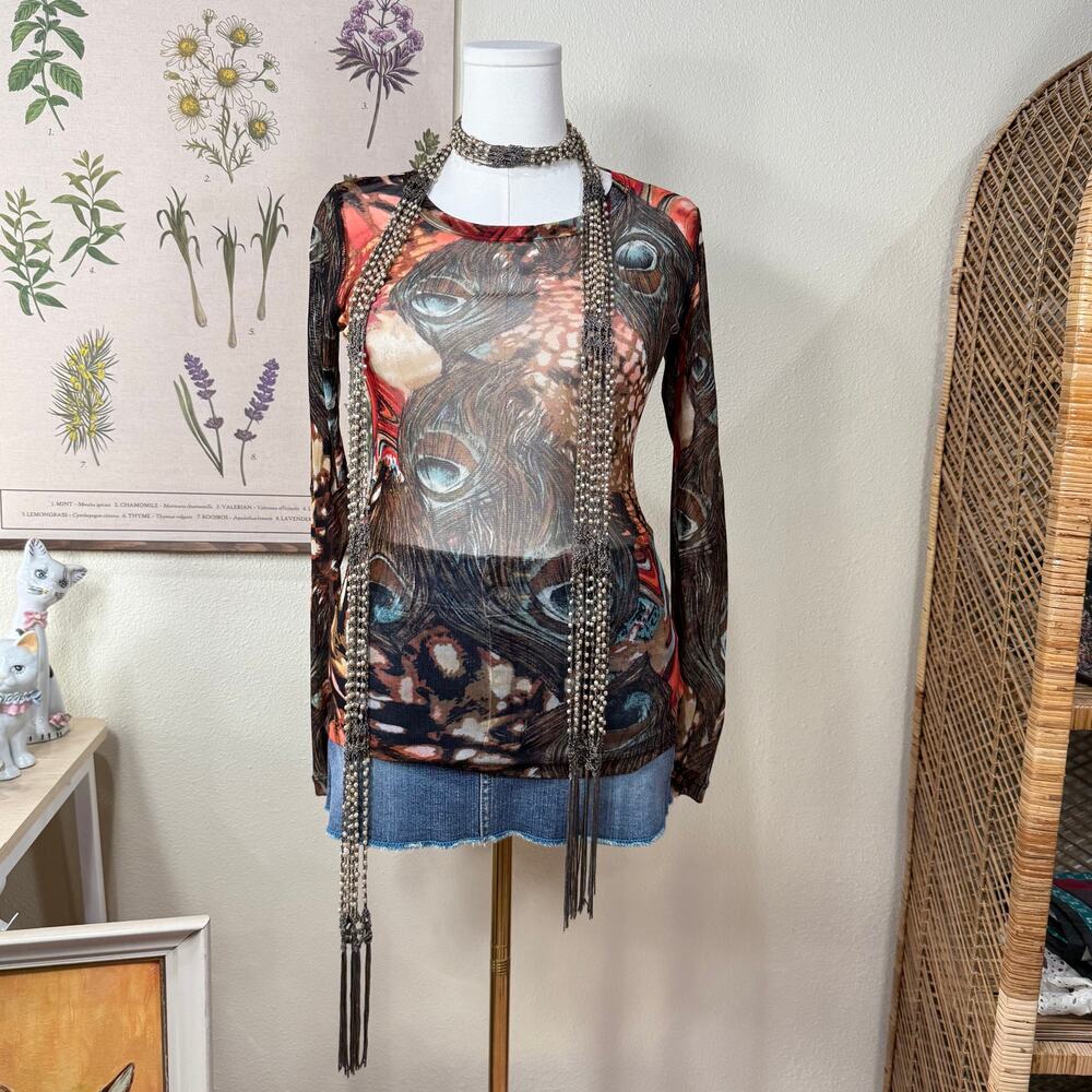 Y2k Sheer Mesh Peacock Feather Print Top Festival Rave Fairy Grunge Boho S M